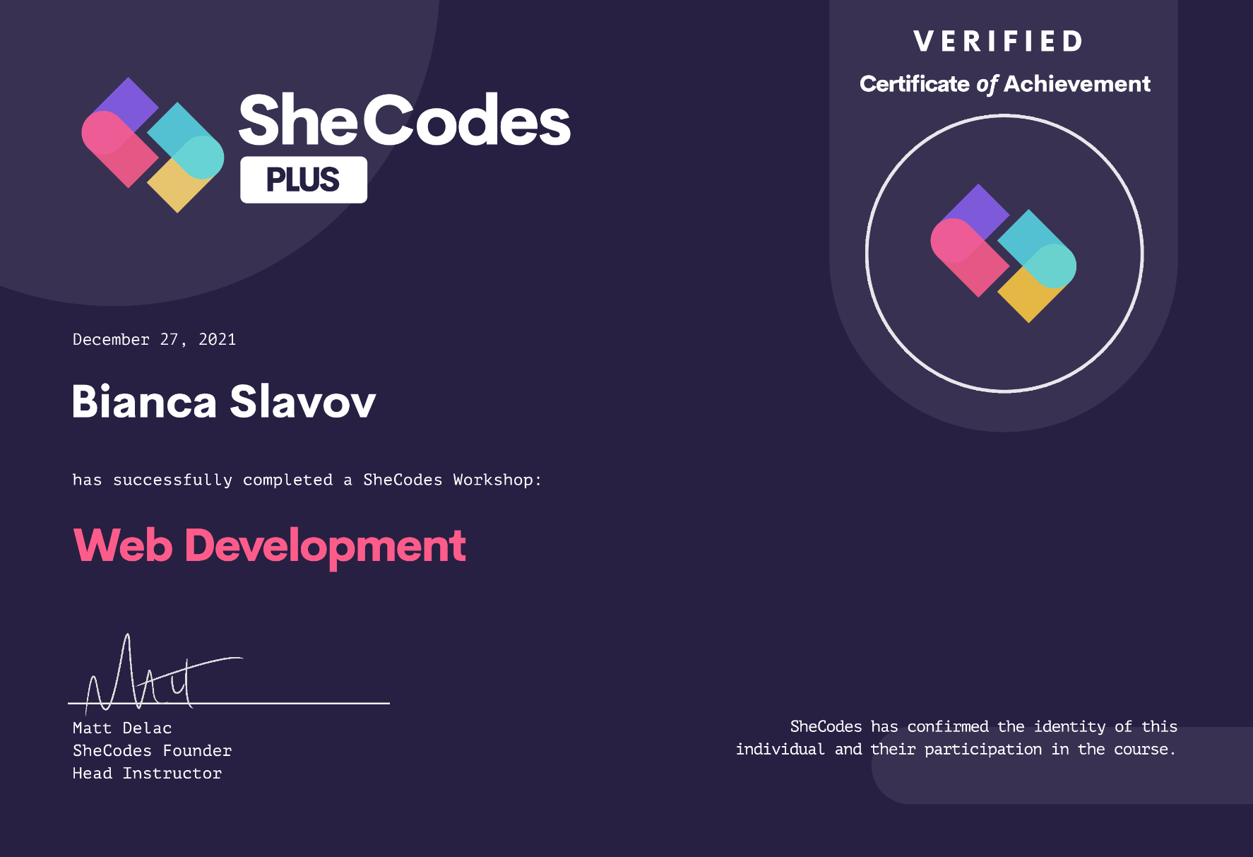 SheCodes Plus certificate